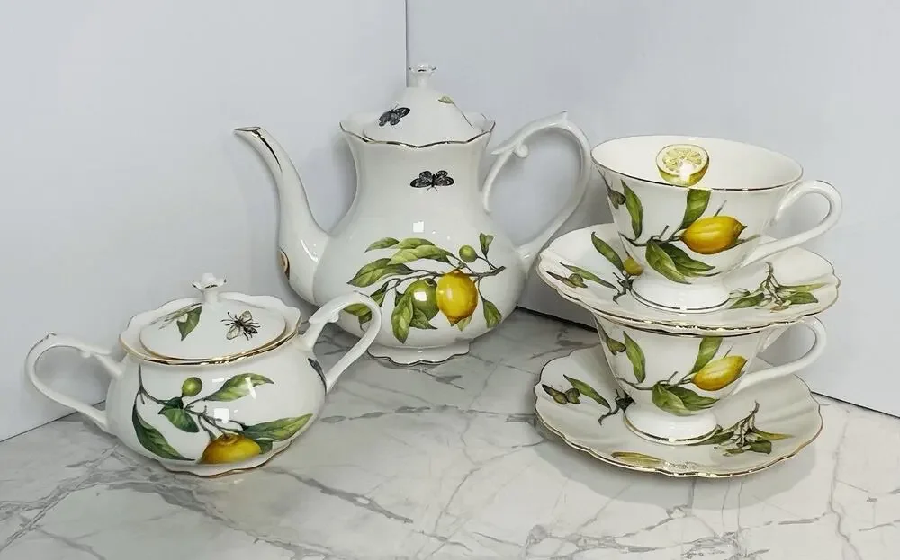 Gracie Teaware Lemon Bee Butterfly 8 Piece Porcelain Tea Set, Yellow, Gold Trim